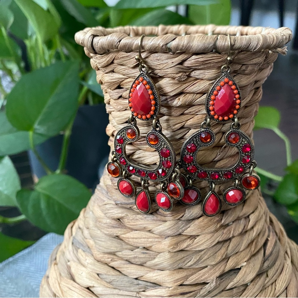 Dark Orange & Antiqued Gold Boho Chandelier Earrings
